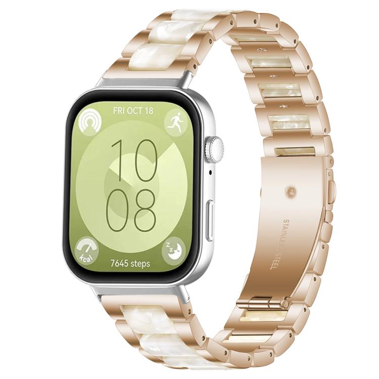 Rose gold metal watch band with white resin links and three-bead accents