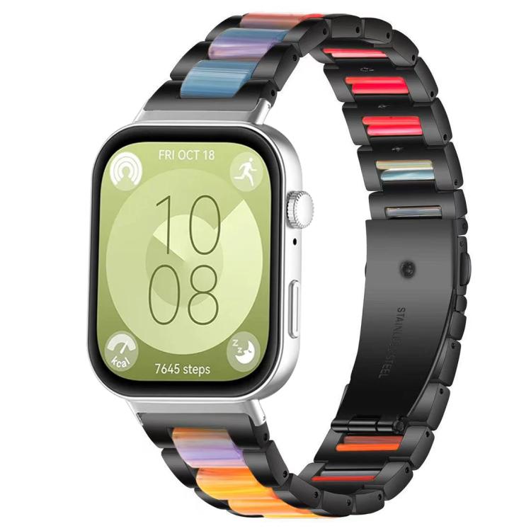 Black metal watch band with rainbow resin links and three-bead accents