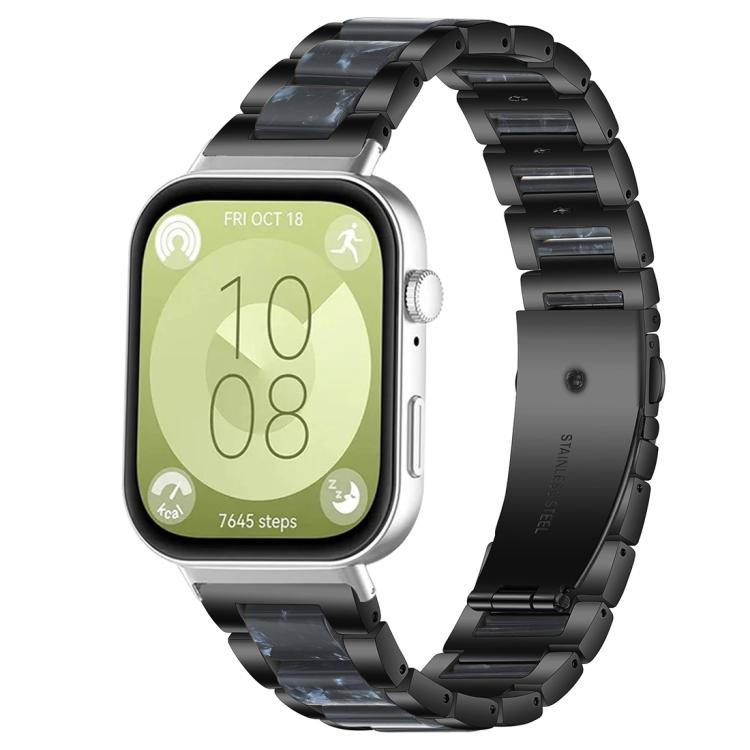 Black metal watch band with dark blue resin links, shown on a smartwatch.