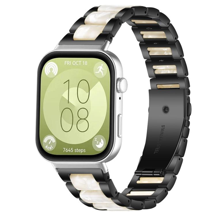 Black metal watch band with white and cream resin links, shown on a smartwatch.