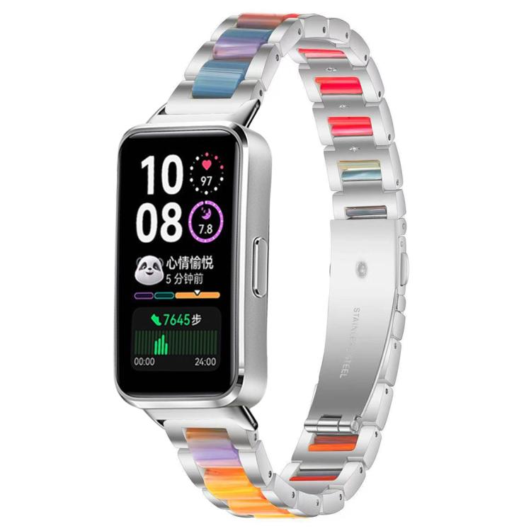Silver metal watch band with multicolor resin links, shown on a smartwatch.
