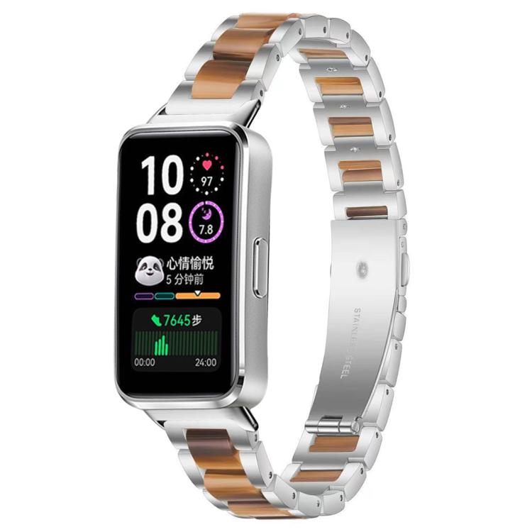 Silver metal watch band with brown resin links, shown on a smartwatch.