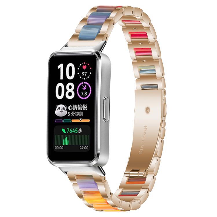 Rose gold metal watch band with multicolor resin links, shown on a smartwatch.