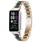 Rose gold metal watch band with dark blue resin links, shown on a smartwatch.
