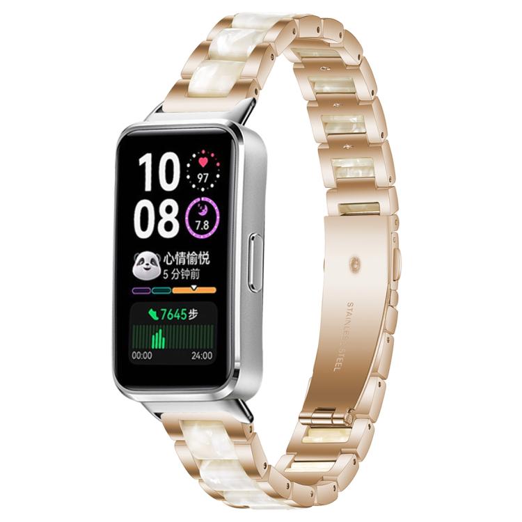 Rose gold metal watch band with white resin inlays, shown on a smartwatch