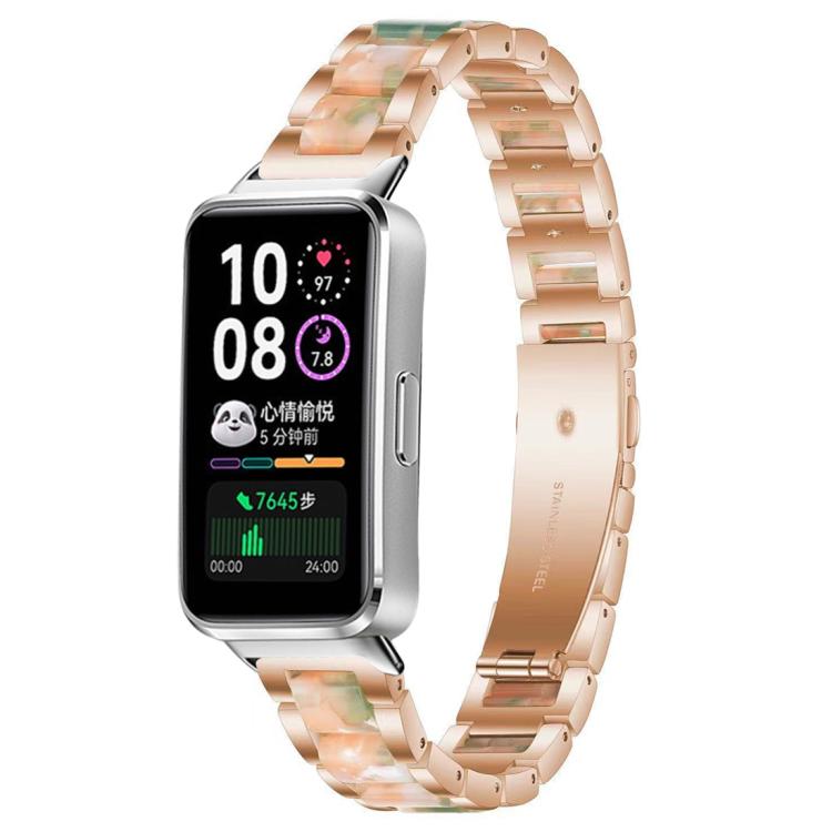 Rose gold metal watch band with multicolor resin inlays, shown on a smartwatch