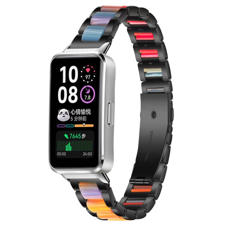 Black metal watch band with rainbow resin inlays, shown on a smartwatch