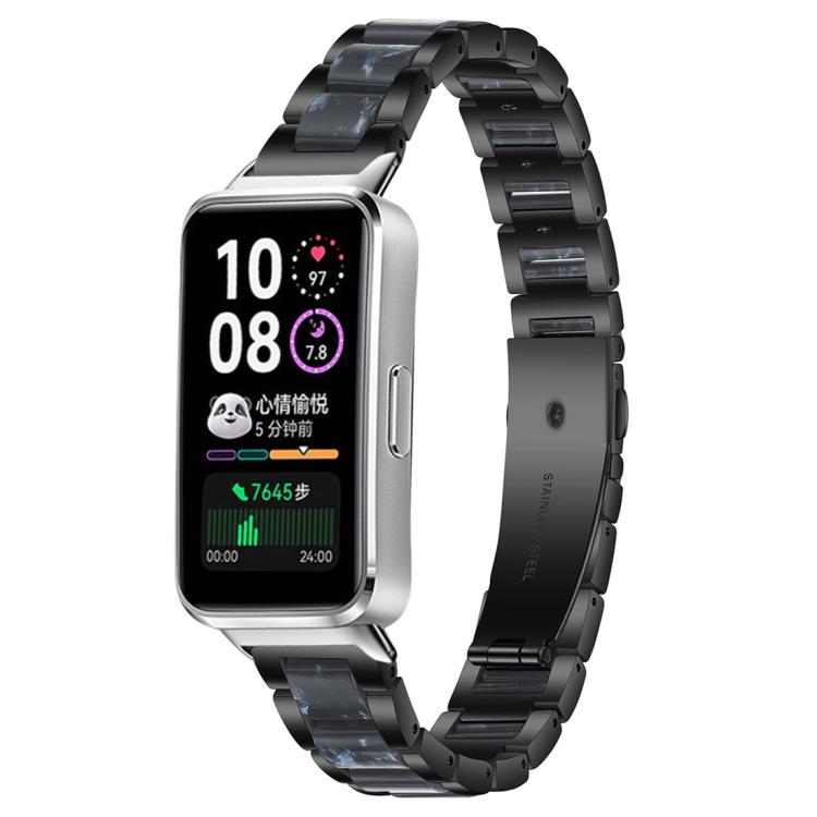 Black metal watch band with blue resin inlays, shown on a smartwatch