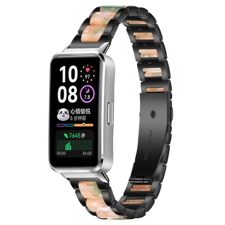 Black metal watch band with green and brown resin inlays, shown on a smartwatch