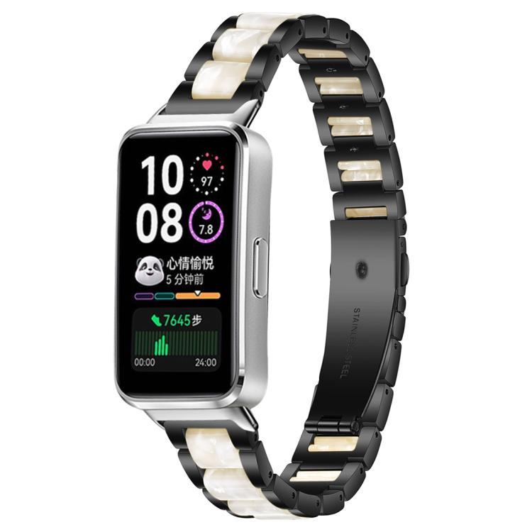 Black metal watch band with white resin inlays, shown on a smartwatch