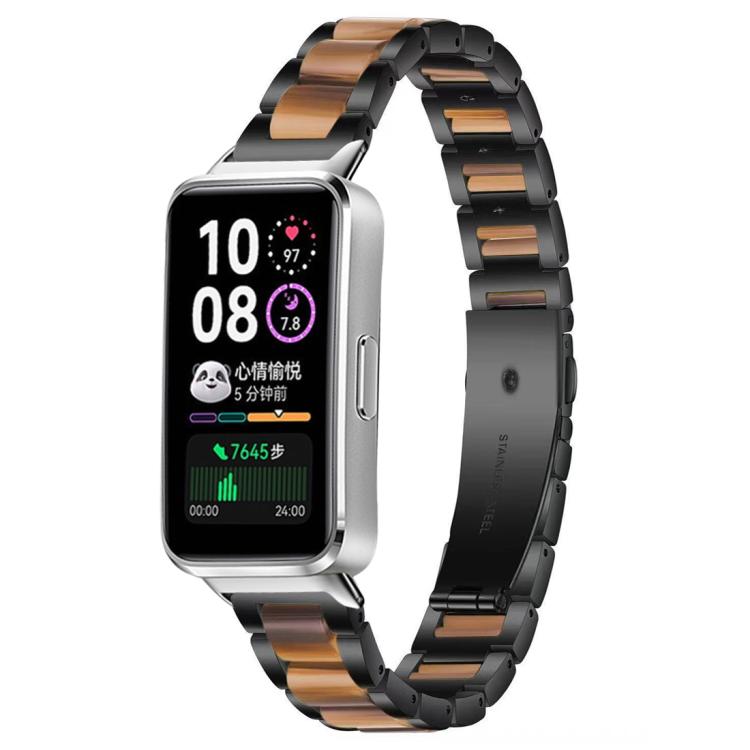 Black metal watch band with brown resin inlays, shown on a smartwatch