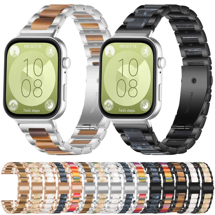 Two metal watch bands with brown and blue resin inlays, displayed on smartwatches