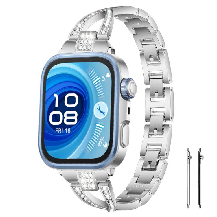 Silver X-shaped crystal-accented watch band on a square smartwatch, with two pins