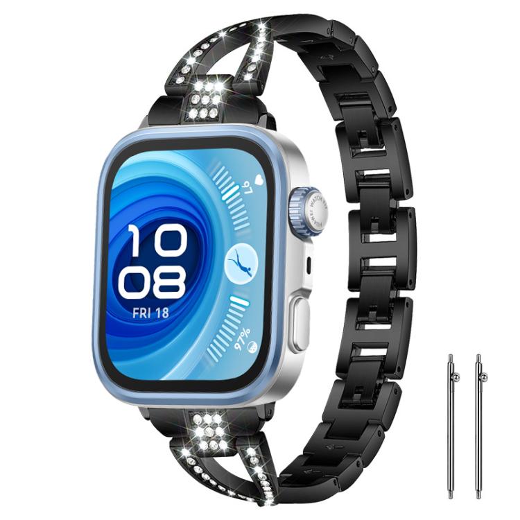 Black X-shaped crystal-accented watch band on a square smartwatch, with two pins