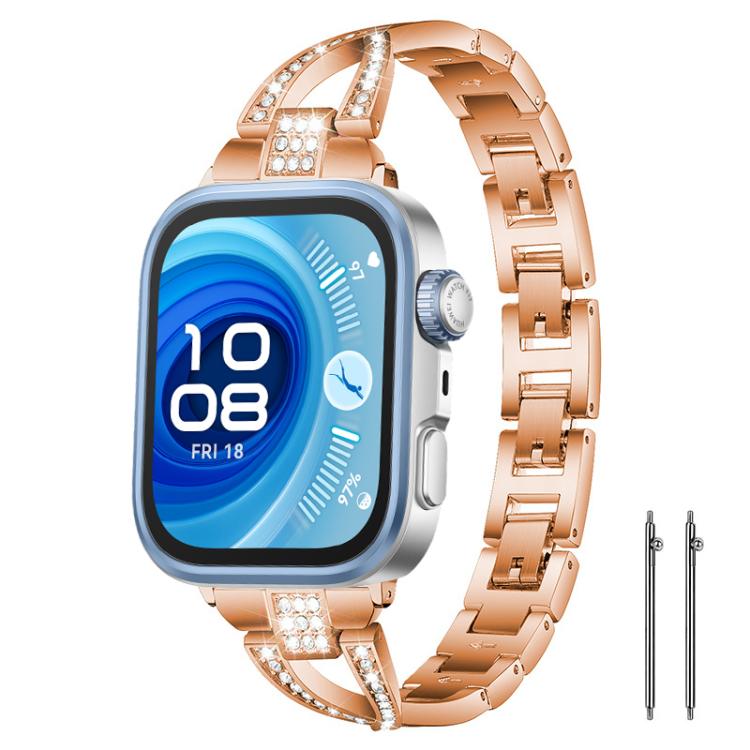 Rose gold X-shaped crystal-accented watch band on a square smartwatch, with two pins