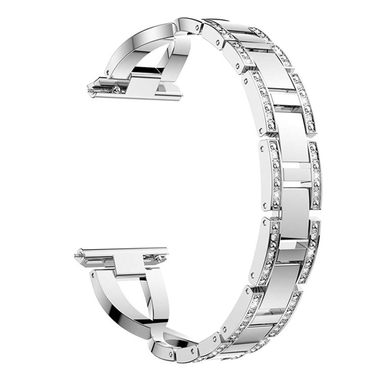 Silver metal watch band with crystal-set links and an open clasp