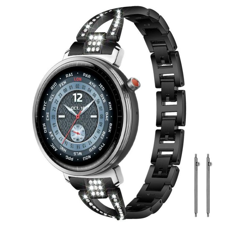 Black metal watch band with crystal-studded X-shaped connectors, shown on a round smartwatch.