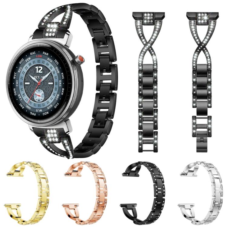 Metal watch band set in black, gold, rose gold, and silver, with crystal-studded X-shaped links.