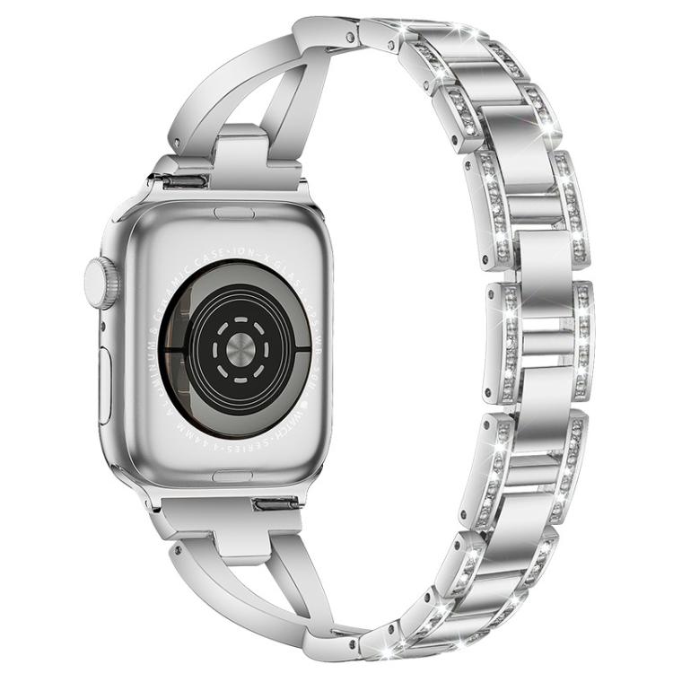 Silver metal Apple Watch band with crystal-set edges, shown from the back