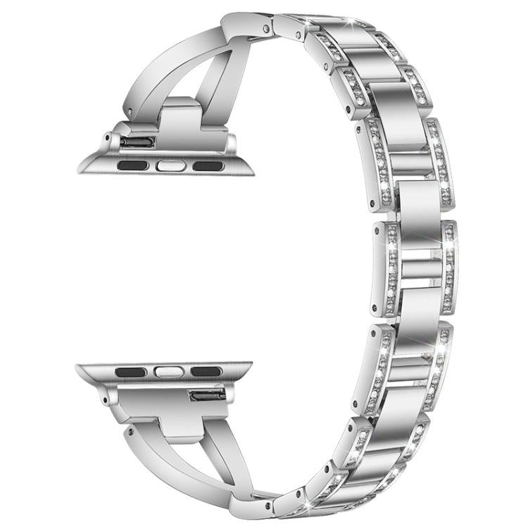 Silver X-shaped metal Apple Watch band with crystal-set edges and linked bracelet