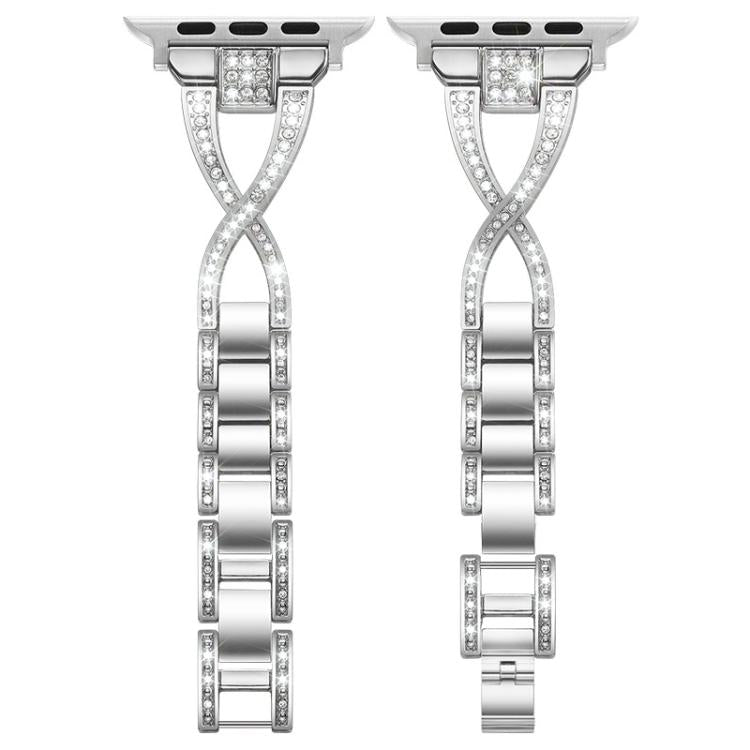 Two views of the silver X-shaped crystal-set Apple Watch band and its links