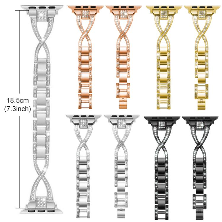 X-shaped metal Apple Watch band in silver, rose gold, gold, and black, shown in two lengths
