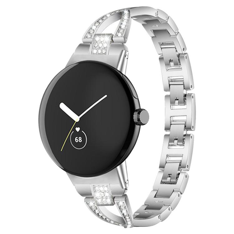 Silver metal watch band with crystal accents, shown on a round smartwatch
