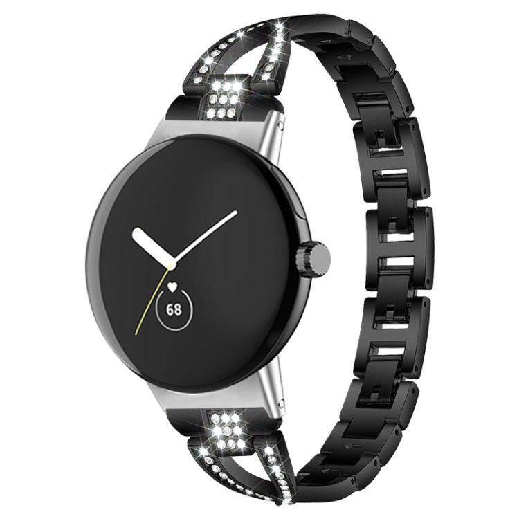 Black metal watch band with crystal accents, shown on a round smartwatch