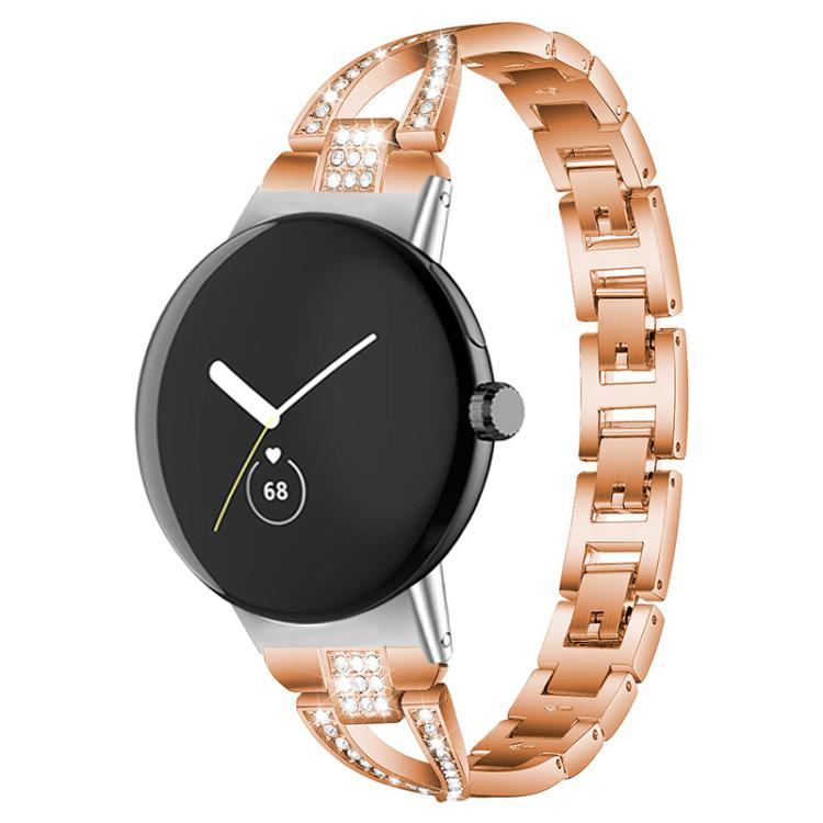 Rose gold metal watch band with crystal accents, shown on a round smartwatch