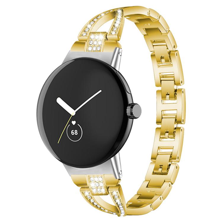 Gold metal watch band with crystal accents, shown on a round smartwatch