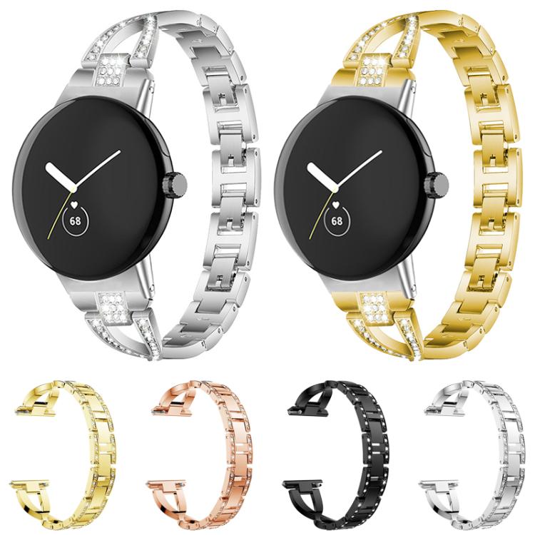 Metal watch band color options in silver, gold, rose gold, and black, with crystal accents