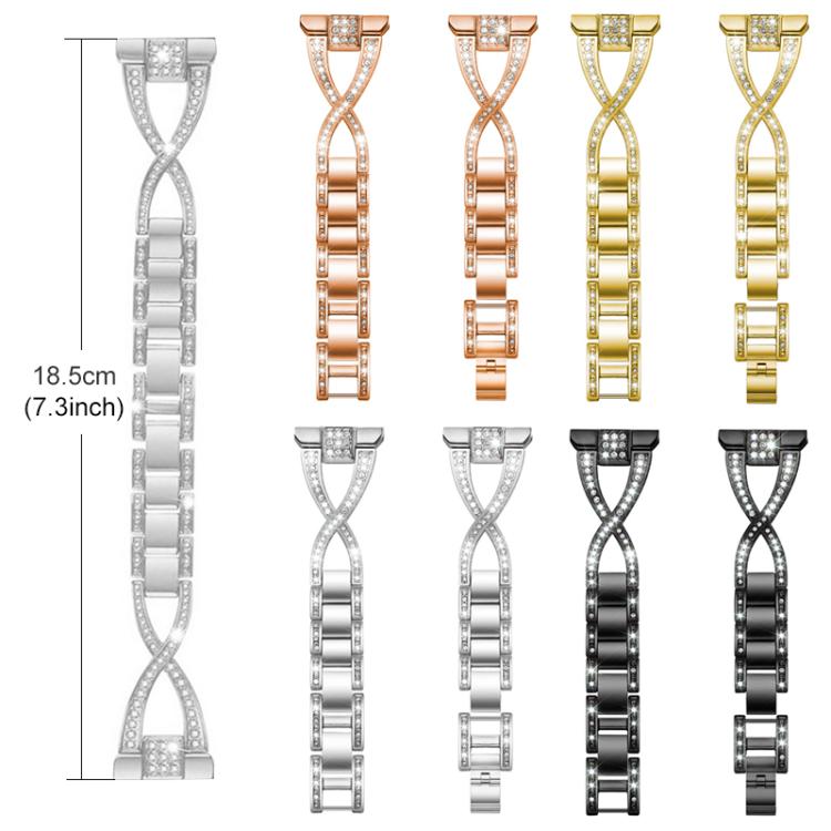 Metal watch band length and link details in four colors, with crystal accents