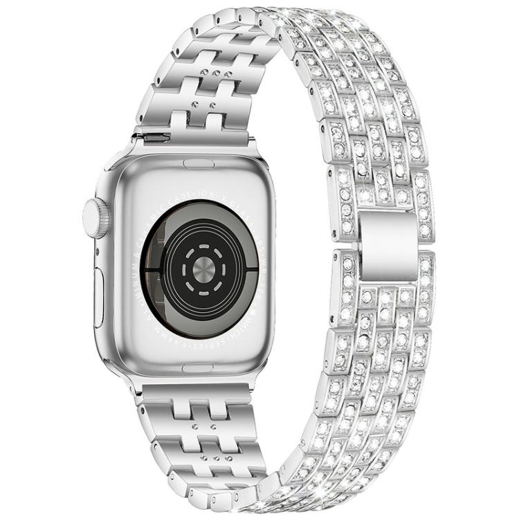 xDfind silver metal Apple Watch band with five rows of clear stones, shown from the watch back