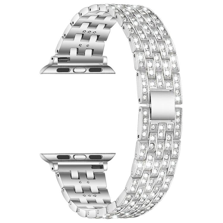 xDfind silver metal Apple Watch band with five rows of clear stones and an open clasp