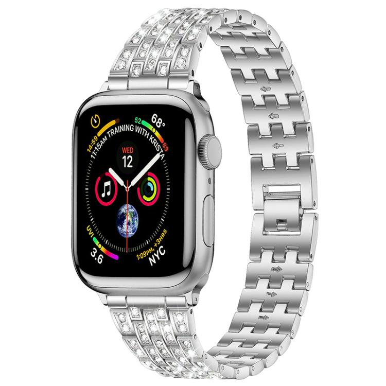 xDfind silver metal Apple Watch band with five rows of clear stones and a watch face