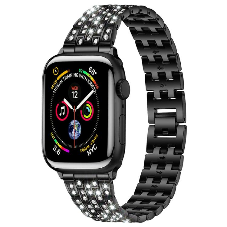 xDfind black metal Apple Watch band with five rows of clear stones and a watch face