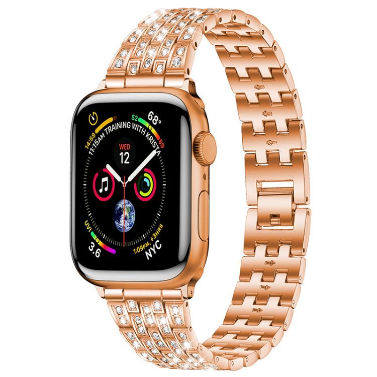 xDfind rose gold metal Apple Watch band with five rows of clear stones and a watch face