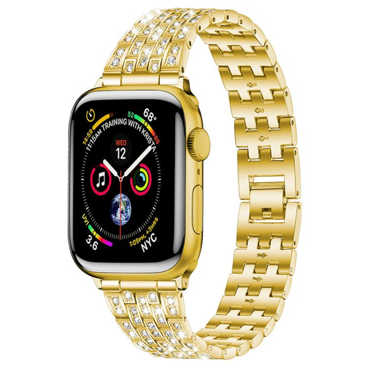 Gold metal Apple Watch band with five rows of clear stones and a linked clasp