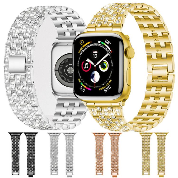 Metal Apple Watch bands in silver and gold with five rows of clear stones