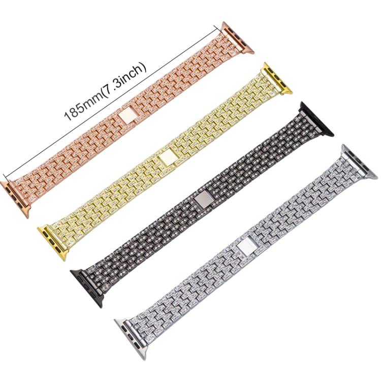 Four metal Apple Watch bands in rose gold, gold, black, and silver; 185 mm long