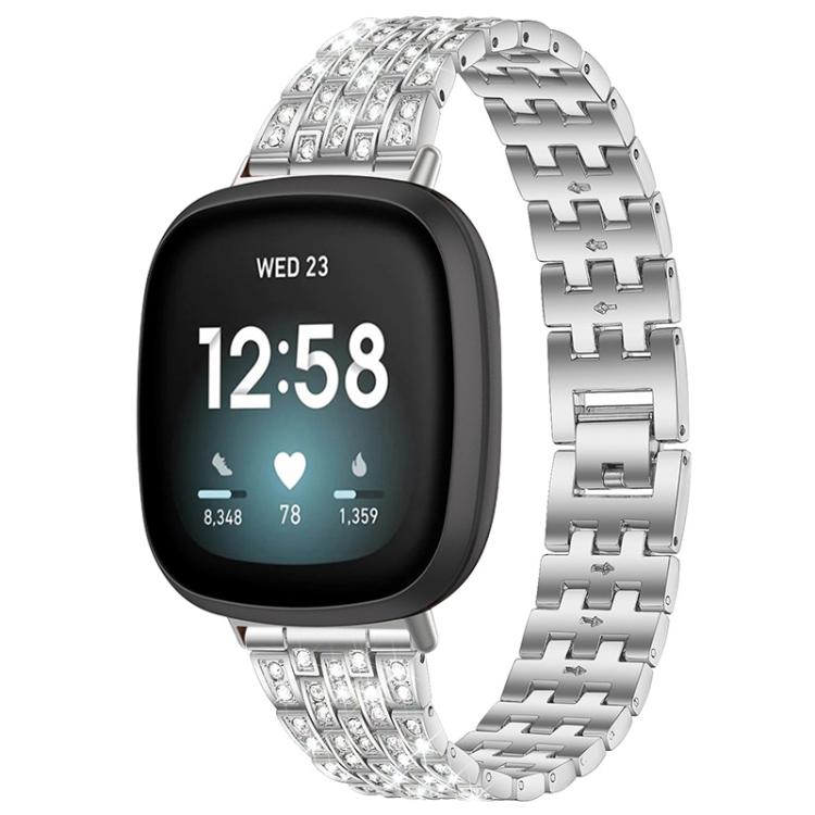 Silver five-bead metal watch band with clear stones, shown attached to a smartwatch.