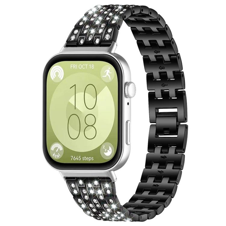 Black metal smartwatch band with five rows of clear stones, shown on a smartwatch.