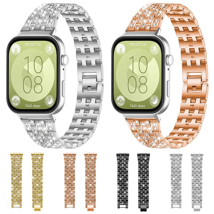 Silver and rose gold jeweled metal watch bands shown attached to watches, with color options below.