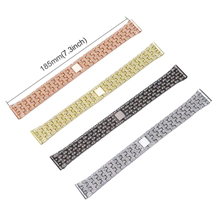 Four jeweled metal watch bands in rose gold, gold, black, and silver; one is marked 185 mm.