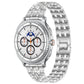 Silver five-row metal watch band with clear stones, shown on a smartwatch with a white dial.
