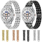 Silver and black metal watch bands with clear stones, shown on watches with extra band color options.