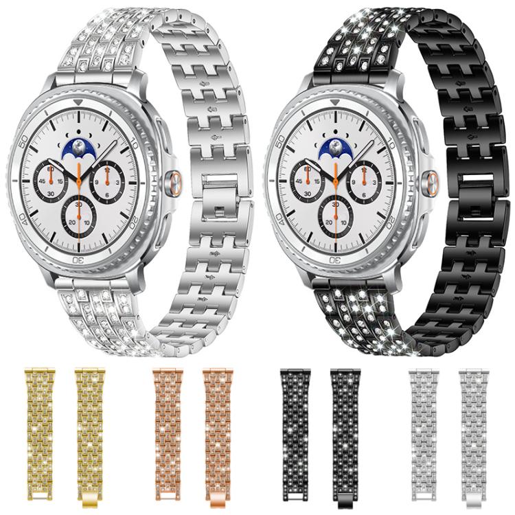 Silver and black metal watch bands with clear stones, shown on watches with extra band color options.