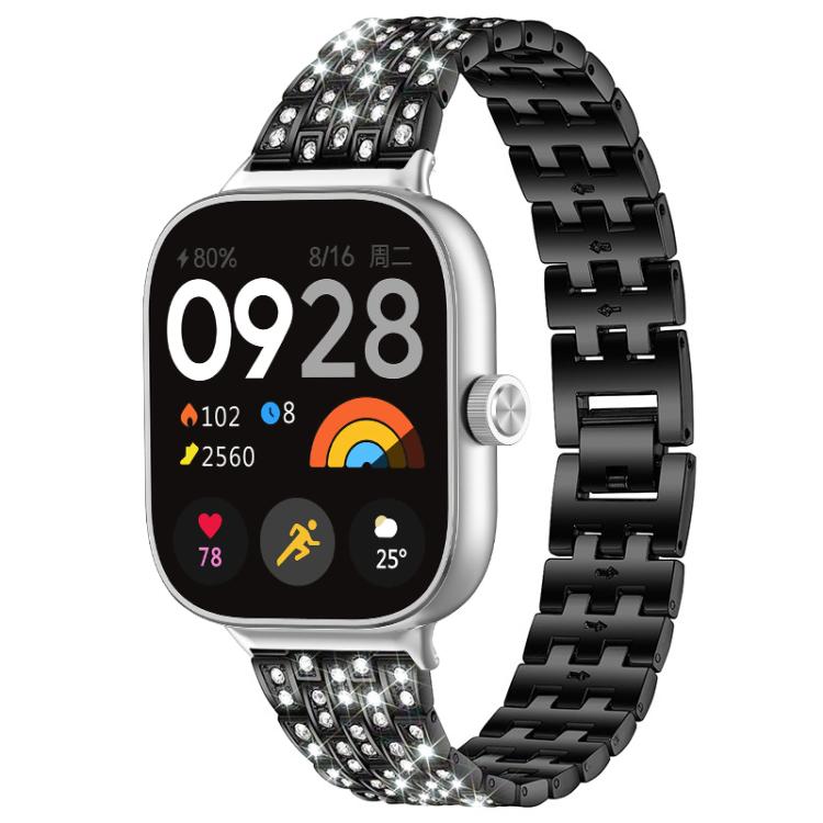 Black metal smartwatch band with rows of clear stones and a linked bracelet.