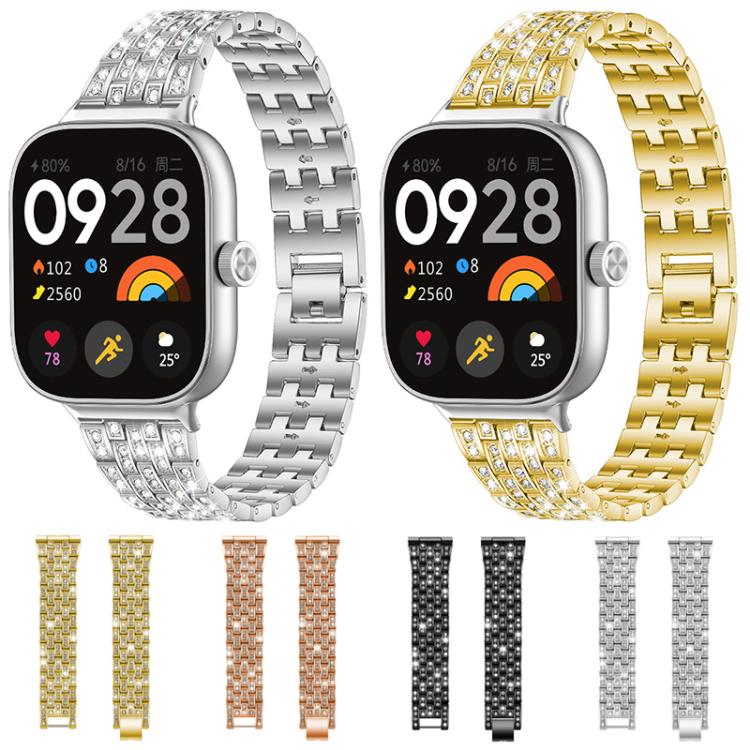 Metal smartwatch band shown in silver and gold, with other color options below.