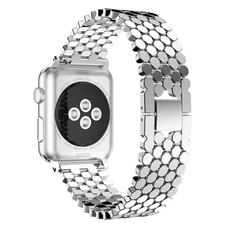 Reverse view of the silver fish scale metal Apple Watch band and clasp